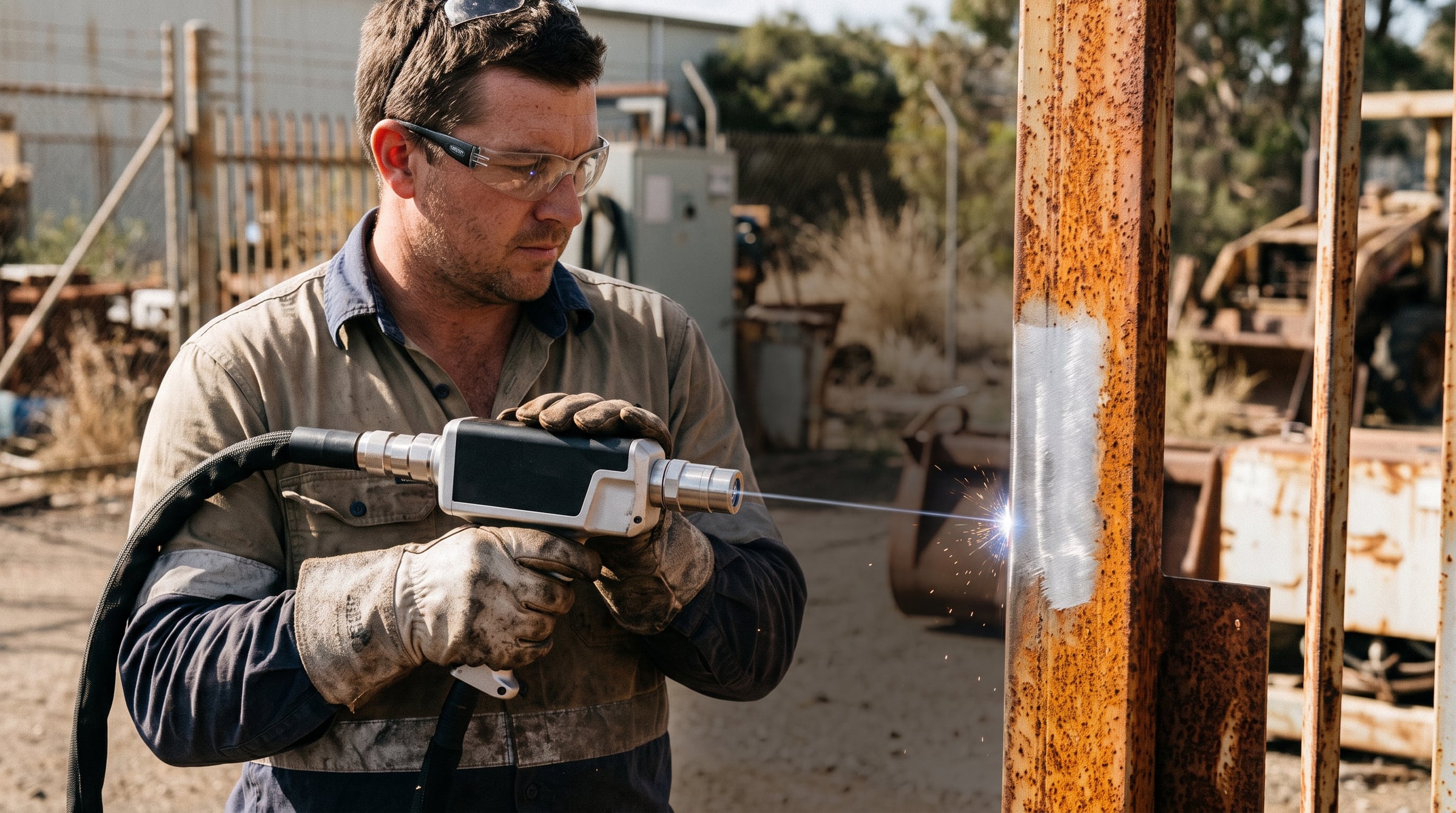 A technician laser cleaning rust off a steel gate